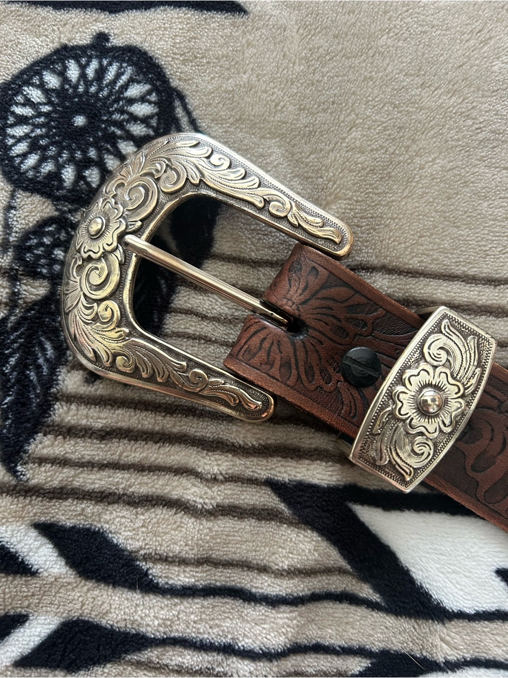 Western-Style Brown Leather Belt with Ornate Silver Buckle